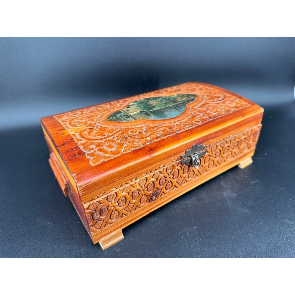 Vintage Ornate Carved Wooden Jewelry Box Valet Box w/ Mirror Lid Trinket Storage